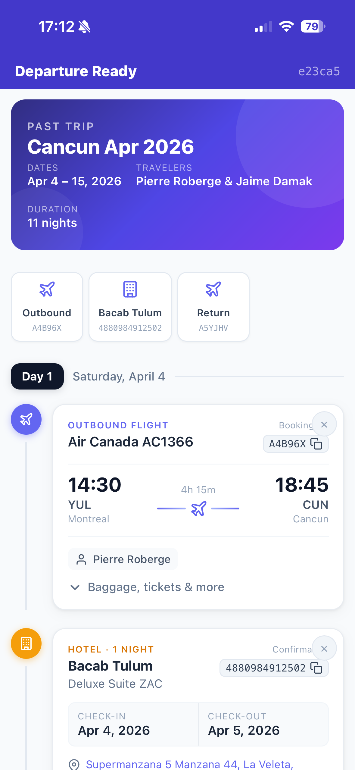 Departure Ready app showing a Cancun trip itinerary with flight and hotel details